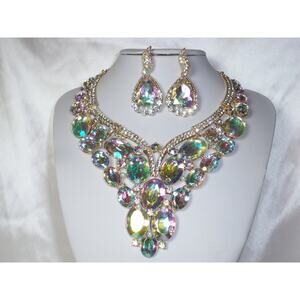 AB rhinestone necklace set, wedding jewelry, MOB statement drag queen necklace